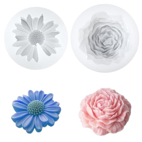 JIYIN 2 Stück Kerzen Silikonformen, 3D Pfingstrose Daisy Silikon Kerzenform Silikonformen Gießformen Blumen Kerzengießformen für Duftkerze Seife DIY Herstellung (Daisy+ Pfingstrose) von JIYIN