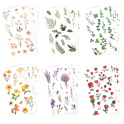 JIYIN 36 Blätter Aufkleber Blumen Sticker, Scrapbook Aufkleber Transparent PET Blumen Pflanzen Aufkleber Vintage Sticker für Scrapbook Fotoalbum Sammelalbum Laptops Handwerk von JIYIN