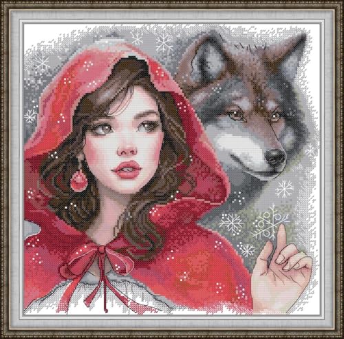 JIZOQE DIY Stickgarnituren Kreuzstich-Set,11CT Gestempelt Stickerei-Starter-Kit,Einfach Cross Stitch Craft für Erwachsene Sticken-Das Mädchen und der Wolf 55x55cm(Rahmenlos) von JIZOQE