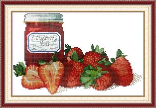 JIZOQE DIY Stickgarnituren Kreuzstich-Set,11CT Gestempelt Stickerei-Starter-Kit,Einfach Cross Stitch Craft für Erwachsene Sticken-Erdbeermarmelade 60x40cm(Rahmenlos) von JIZOQE