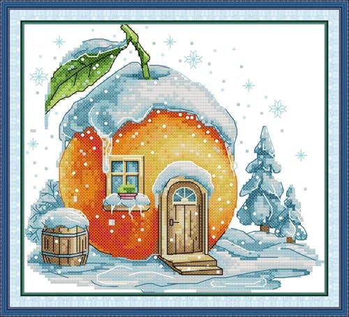 JIZOQE DIY Stickgarnituren Kreuzstich-Set,11CT Gestempelt Stickerei-Starter-Kit,Einfach Cross Stitch Craft für Erwachsene Sticken-Orange Cottage 48x48cm(Rahmenlos) von JIZOQE