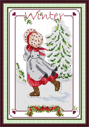 JIZOQE DIY Stickgarnituren Kreuzstich-Set,11CT Gestempelt Stickerei-Starter-Kit,Einfach Cross Stitch Craft für Erwachsene Sticken-Rücken für Mädchen - Winter 35x55cm(Rahmenlos) von JIZOQE