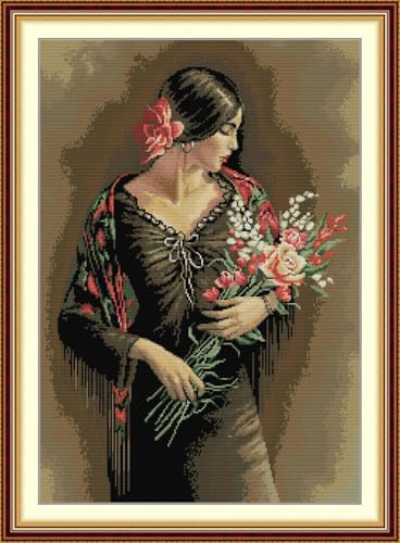 JIZOQE DIY Stickgarnituren Kreuzstich-Set,11CT Gestempelt Stickerei-Starter-Kit,Einfach Cross Stitch Craft für Erwachsene Sticken-Schöne Frau 56x77cm(Rahmenlos) von JIZOQE