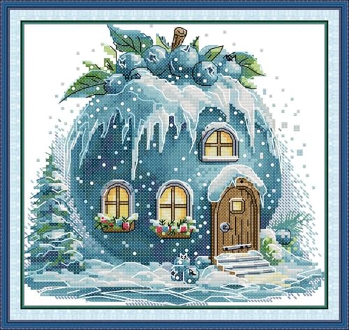 JIZOQE Kreuzstich,Stickerei Kreuzstich Kit Set Einschließlich Farbe Threads Baumwolle Tuch Nadel Zeichnung-Blaubeer-Ferienhaus 50x50cm(Rahmenlos) von JIZOQE