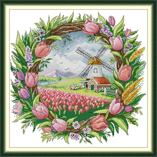 JIZOQE Kreuzstich,Stickerei Kreuzstich Kit Set Einschließlich Farbe Threads Baumwolle Tuch Nadel Zeichnung-Frühlings-Szenerie 50x50cm(Rahmenlos) von JIZOQE