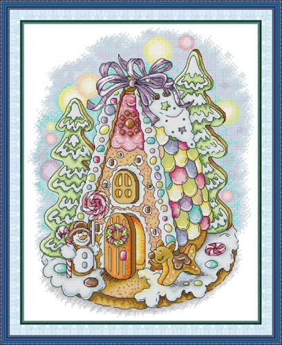 JIZOQE Kreuzstich,Stickerei Kreuzstich Kit Set Einschließlich Farbe Threads Baumwolle Tuch Nadel Zeichnung-Lebkuchenhaus 43x54cm(Rahmenlos) von JIZOQE