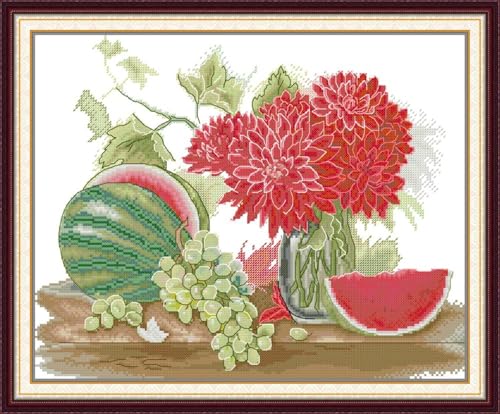JIZOQE Kreuzstich,Stickerei Kreuzstich Kit Set Einschließlich Farbe Threads Baumwolle Tuch Nadel Zeichnung-Obst und Dali 52x42cm(Rahmenlos) von JIZOQE