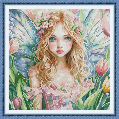 JIZOQE Kreuzstich,Stickerei Kreuzstich Kit Set Einschließlich Farbe Threads Baumwolle Tuch Nadel Zeichnung-Schmetterlingsmädchen 56x56cm(Rahmenlos) von JIZOQE