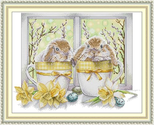 JIZOQE Kreuzstich,Stickerei Kreuzstich Kit Set Einschließlich Farbe Threads Baumwolle Tuch Nadel Zeichnung-Tier Kaninchen 50x40cm(Rahmenlos) von JIZOQE