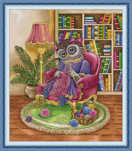 JIZOQE Kreuzstich-Kits Vorgedruckte Stoffe Stickerei Kit für Erwachsene Anfänger 11CT-Gestrickte Eule 48x55cm(Rahmenlos) von JIZOQE
