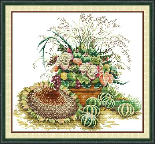 JIZOQE Kreuzstich-Kits Vorgedruckte Stoffe Stickerei Kit für Erwachsene Anfänger 11CT-Herbstlicher Strauß 50x50cm(Rahmenlos) von JIZOQE