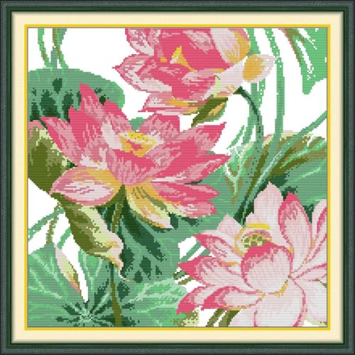 JIZOQE Kreuzstich-Kits Vorgedruckte Stoffe Stickerei Kit für Erwachsene Anfänger 11CT-Lotus 48x48cm(Rahmenlos) von JIZOQE