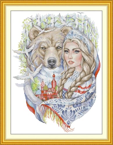 JIZOQE Kreuzstich Set Vorgedruckt 11 CT Kreuzstich Stickpackungen,Stickbilder Vorgedruckt Kreuzstich für Wandkunst-Heimdekoration-Mond-Nacht-Bär Und Mädchen 45x55cm(Rahmenlos) von JIZOQE