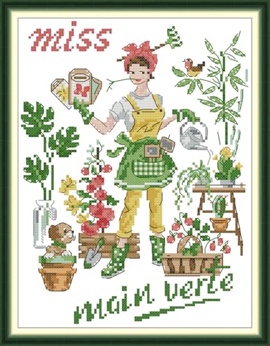 JIZOQE Kreuzstich Set Vorgedruckt 11 CT Kreuzstich Stickpackungen,Stickbilder Vorgedruckt Kreuzstich für Wandkunst-Heimdekoration-Mond-Nacht-Gärtnerin Mädchen 37x47cm(Rahmenlos) von JIZOQE