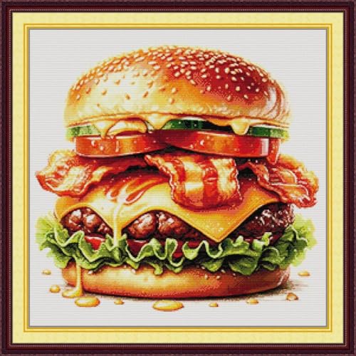 JIZOQE Kreuzstich Set Vorgedruckt 11 CT Kreuzstich Stickpackungen,Stickbilder Vorgedruckt Kreuzstich für Wandkunst-Heimdekoration-Mond-Nacht-Hamburger 68x68cm(Rahmenlos) von JIZOQE