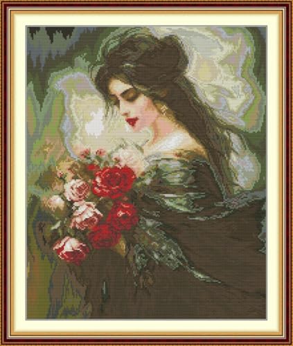 JIZOQE Kreuzstich Set Vorgedruckt 11 CT Kreuzstich Stickpackungen,Stickbilder Vorgedruckt Kreuzstich für Wandkunst-Heimdekoration-Mond-Nacht-Schöne Frau 52x61cm(Rahmenlos) von JIZOQE