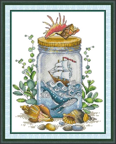 JIZOQE Kreuzstich Set Vorgedruckt 11 CT Kreuzstich Stickpackungen,Stickbilder Vorgedruckt Kreuzstich für Wandkunst-Heimdekoration-Mond-Nacht-Segelboot in einer Flasche 40x50cm(Rahmenlos) von JIZOQE