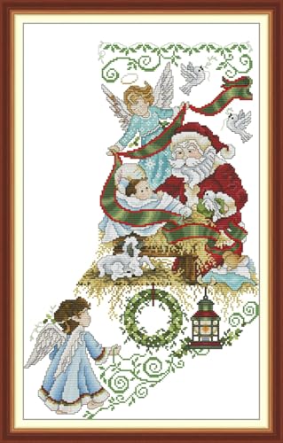 JIZOQE Kreuzstich Set Vorgedruckt 11 CT Kreuzstich Stickpackungen,Stickbilder Vorgedruckt Kreuzstich für Wandkunst-Heimdekoration-Mond-Nacht-Weihnachtsmann 43x68cm(Rahmenlos) von JIZOQE