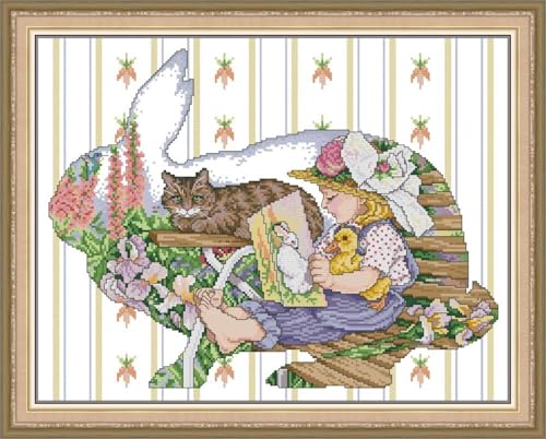 JIZOQE Kreuzstich Stickpackung 11CT Sticken Set Erwachsene Kreuzstich,DIY Stickbilder Vorgedruckt Kreuzstich für Anfänger Home Decor-Mädchen Und Katze 50x40cm(Rahmenlos) von JIZOQE