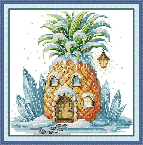 JIZOQE Kreuzstich Stickpackung 11CT Sticken Set Erwachsene Kreuzstich,DIY Stickbilder Vorgedruckt Kreuzstich für Anfänger Home Decor-Pineapple Cottage 45x45cm(Rahmenlos) von JIZOQE
