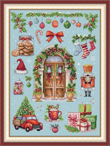 JIZOQE Kreuzstich Stickpackung 11CT Sticken Set Erwachsene Kreuzstich,DIY Stickbilder Vorgedruckt Kreuzstich für Anfänger Home Decor-Weihnachtshäuschen 58x77cm(Rahmenlos) von JIZOQE