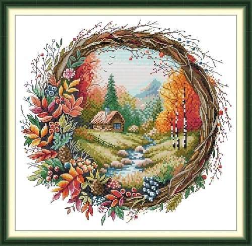 JIZOQE Kreuzstich Stickpackungen Vorgedruckt 11CT DIY Stickpackung Set-Herbstliche Szenerie 50x50cm(Rahmenlos) von JIZOQE