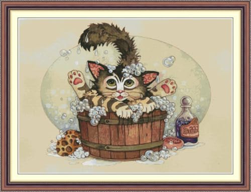 JIZOQE Kreuzstich Stickpackungen Vorgedruckt Set Erwachsene, Stickvorlagen Stickbilder Kreuzstich Stickbild Set für Erwachsene Anfänger Cross Stitch Kit-Kätzchen-Bad 60x40cm(Rahmenlos) von JIZOQE