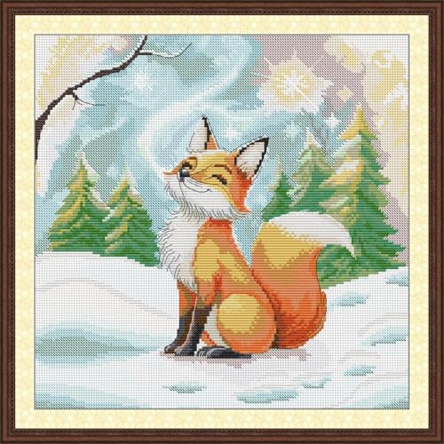 JIZOQE Kreuzstich Stickpackungen Vorgedruckt Set Erwachsene, Stickvorlagen Stickbilder Kreuzstich Stickbild Set für Erwachsene Anfänger Cross Stitch Kit-Kleiner Fuchs im Winter 50x50cm(Rahmenlos) von JIZOQE