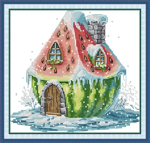 JIZOQE Kreuzstich Stickpackungen Vorgedruckt Set Erwachsene, Stickvorlagen Stickbilder Kreuzstich Stickbild Set für Erwachsene Anfänger Cross Stitch Kit-Wassermelonen-Hütte 45x45cm(Rahmenlos) von JIZOQE