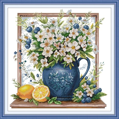 JIZOQE Kreuzstich Stickpackungen Vorgedruckt Set Erwachsene, Stickvorlagen Stickbilder Kreuzstich Stickbild Set für Erwachsene Anfänger Cross Stitch Kit-Weiße Blumen 58x58cm(Rahmenlos) von JIZOQE