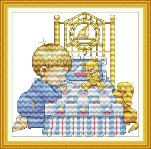 JIZOQE Stickerei-Set, Kreuzstich,geprägt mit gedrucktem Muster, Starter-Set-Kleiner Junge 50x50cm(Rahmenlos) von JIZOQE
