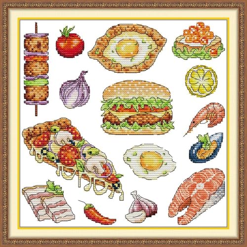 JIZOQE Stickerei-Set, Kreuzstich,geprägt mit gedrucktem Muster, Starter-Set-Lebensmittel-Kollektion 60x60cm(Rahmenlos) von JIZOQE