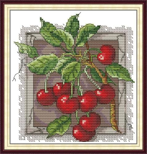 JIZOQE Stickerei-Set, Kreuzstich,geprägt mit gedrucktem Muster, Starter-Set-Rote Kirsche 45x45cm(Rahmenlos) von JIZOQE