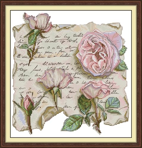 JIZOQE Stickerei Set Kreuzstich Starter Kit Vorgezeichnet zum Sticken Stickset zum Selbersticken-Rose Liebesbrief 45x45cm(Rahmenlos) von JIZOQE