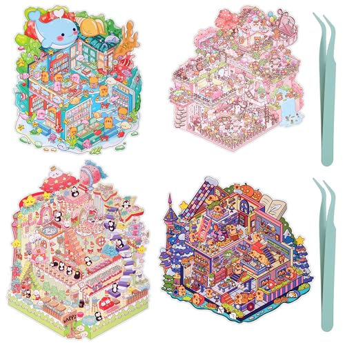 JIZZU 3D House Sticker Set, 4 Pcs 3D Miniatur Haus Sticker, Mit Hintergrund und Pinzette, DIY Set Schloss/Blumenhaus/Magisches Haus/Bibliothek, DIY-Spiele für Kinder und Erwachsene JIZZU 3D House Sticker Set, 4 Pcs 3D Miniatur Haus Sticker, Mit Hintergrund und Pinzette, DIY Set Schloss/Blumenhaus/Magisches Haus/Bibliothek, DIY-Spiele für Kinder und Erwachsene von JIZZU