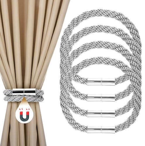 JIZZU 4 Stück Magnetische Vorhang Raffhalter, Dekorative Vorhang-Raffhalter, Raffhalter für Gardinen Halterung Vorhang Halter Gardinenhalte Dekoration Gardinen Zubehör (Silbergrau) von JIZZU