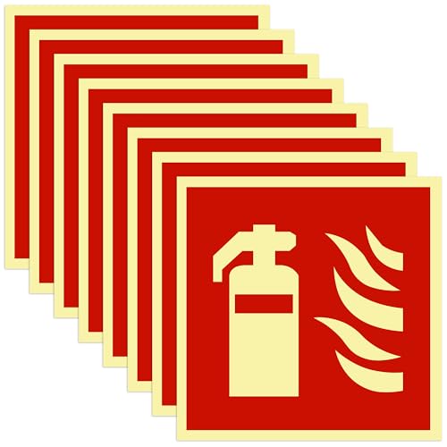 JIZZU 8 Stück Feuerlöscher Schild, 15 x 15 cm PVC Nachleuchtend Selbstklebende Brandschutzschild, Selbstklebend Brandschutzzeichen nach ISO für Haus Büro Baustelle und Auto von JIZZU