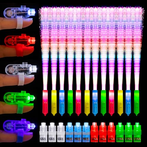 JIZZU LED Leuchtstäbe, 12 Stück LED Leuchtstab Glasfaser+12 Stück LED Fingerlicht Fingerring, Leuchtwedel 3 Modi Farbe blinkende LED-Lichtstäbe, Weihnachten,Konzert,Hochzeit,Party von JIZZU