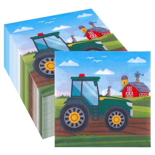 JIZZU Servietten Traktor, 80 Stück Partygeschirr Kindergeburtstag, Servietten für Kinder, 17x17cm Quadratisch Traktor Servietten, Partygeschirr Jungen/Mädchen Geburtstag von JIZZU