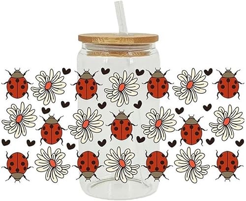Blumen und Sieben-Sterne-Marienkäfer, UV-DTF-Cup-Wickel-Aufkleber, UV-DTF-Cup-Wickel-Transfer-Aufkleber, Aufkleber, DIY, Herbst, wasserdicht, Herbst-Thema, Blumen-Reiben auf Transfers für Glasbecher von JIzian