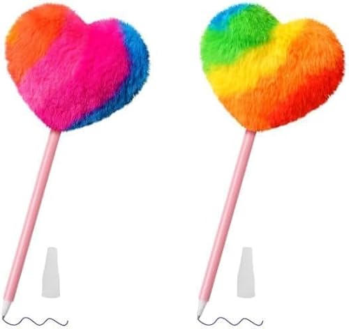 JIzian Bunte herzförmige Pompom-Stifte, niedliche, flauschige Kugelschreiber, herzförmige Flauschigkeiten, 2 Arten von Regenbogen-Spaß für Büro, Schule und Frauen, mit Nachfüllungen – Schreib- und von JIzian