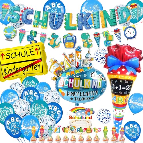 JJJZAMZ SCHULKIND 2025 Junge Einschulung Deko, Schulkind Banner + Schultüte Luftballons +20 Einschulung Latex Luftballons + 13 Stück Tortendeko Einschulung,Verwendung für Schulkind Deko Schulanfang von JJJZAMZ