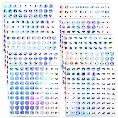 JJUNW 10 Blatt Nummer Aufkleber, 1-1000 Nummer Klebepunkte Etiketten Wasserdichte Runde Aufkleber Selbstklebende Runde Zahlen Aufkleber Laser zum Sortieren des Inventars Organisieren Codierung (10mm) von JJUNW