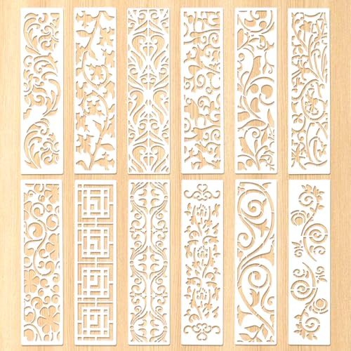 JJUNW 12 Stück Schablonen zum Malen, Kunststoff Geometrische Mustertextur Schablonen Set Wiederverwendbar Scrapbooking Malschablonen für Holz Boden Möbel Wandgestaltung Leinwand Stoff DIY (30 x 8 cm) von JJUNW