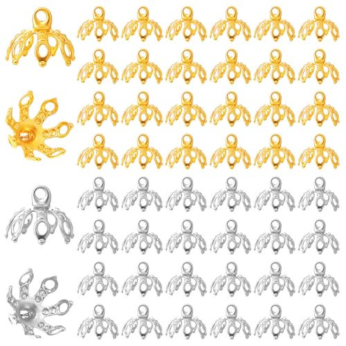 JJUNW 50 Stück Blumen-Perlenkappen, Ornament-Kappen, Metallperlen-Endkappen mit 7 Zinken, Gold- und Silber-Schmuck-Endkappen für Armbänder, DIY, Handwerk, Schmuckherstellung von JJUNW