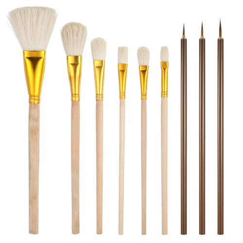 JJUNW 9 Stück Keramik Glasurpinsel, Kunst Malpinsel Pinsel Brush Set Keramikpinsel Hölzernen Griff Pinsel für Acrylfarben Aquarelle Öle (9 Größen) von JJUNW