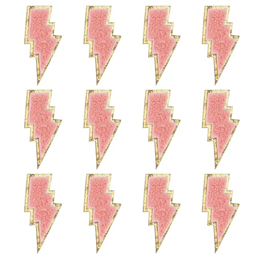 JJUNW 12 Stück Patches zum Aufbügeln, Blitz Aufbügelbilder zum Aufbügeln, Chenille Aufnäher Bügelbilder für Textilien Blitzschlag-Bolt-Patch für Hut Jacke Jeans Rucksäcke DIY Dekoration (rosa) von JJUNW