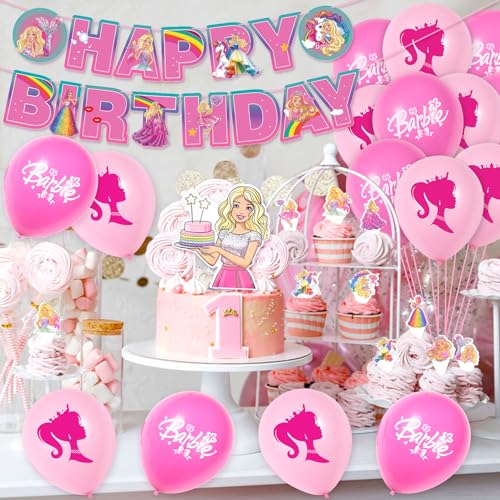 46 Pcs Barbi-Prinzessin Geburtstagsdeko, Barbi Cake Topper, Prinzessin Tortendeko, Happy Birthday Banner Geburtstag Luftballon, Geburtstag Party Deko Zubehör Set für Mädchen von JJYHEHOT