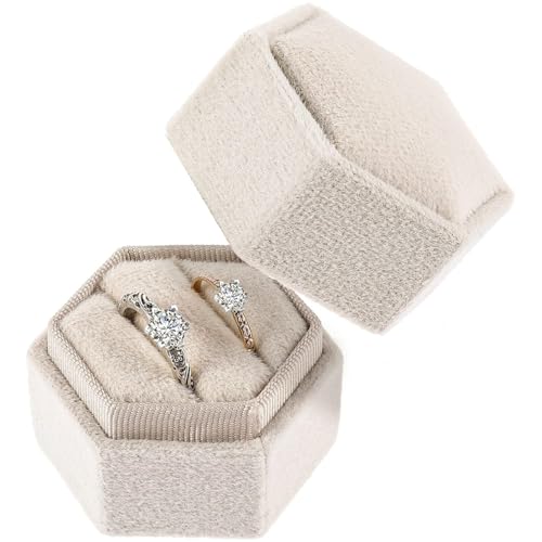 JJiaoLinin Ringbox Hochzeit aus Samt, 2 Slot Ringkästchen, Elegante Schmuckschatullen Mit Abnehmbarem Deckel, für Hochzeit,Vorschlag,Valentinstag, Einkaufszentrum Zähler Schmuck Display(Beige) von JJiaoLinin