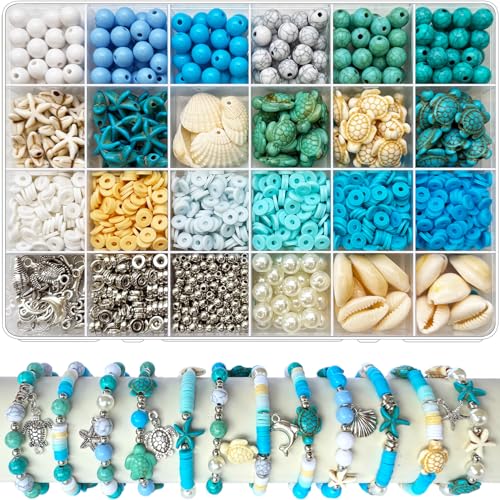 1860 Stück Ozeanperlen für Armbänder, blaue und weiße Sommer-Strandperlen zur Schmuckherstellung, Meeresschildkröte, Muschel, Seesternform, Perlen, Cly Perlen, 8 mm, runde Perlen für Bastelarbeiten von JJzxwish
